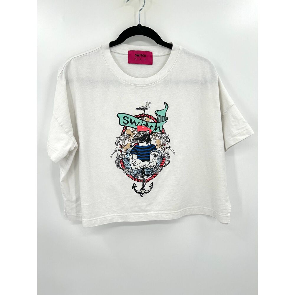 SWITCH Nautical Mermaid Sailor Cat Graphic Oversized Crop Top White Tee Small